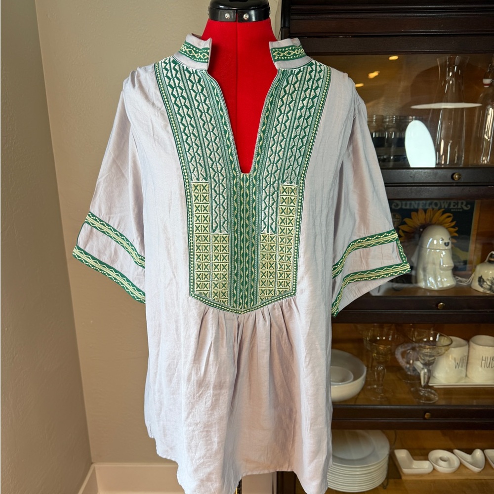Mazik Boho Gray Festival Tunic Top with Green Embroidery Size L